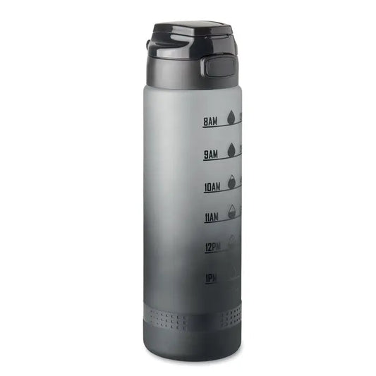 Sticla de apa sport rpet 1l gri translucid cu capac negru flip-top si marcaje orare pentru hidratare