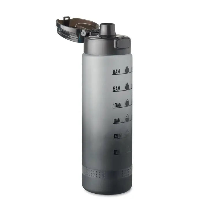 Sticla de apa sport rpet 1l gri translucid cu capac negru si indicator de hidratare orar 8-13