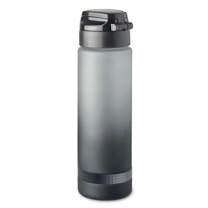 Sticla de apa sport rpet 1l cu design gri gradient izolat si capac flip-top negru cu banda texturata pentru prindere