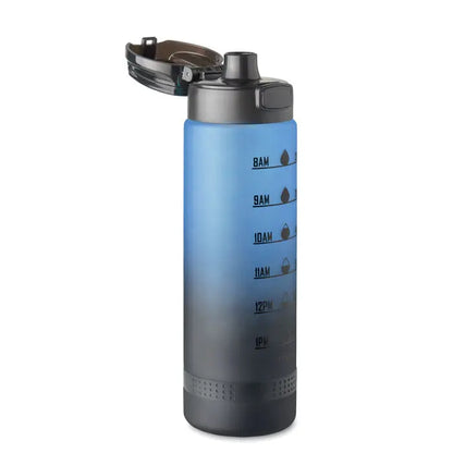 Sticla de apa sport rpet 1l albastru degrade cu capac negru si mecanism flip-top cu memento de hidratare orara