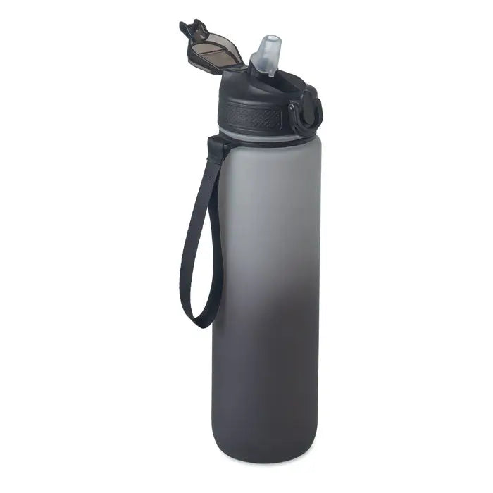 Sticla de apa sport rpet 1l neagra cu gradient, capac flip-top si pai integrat pentru hidratare usoara