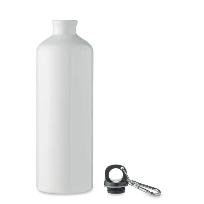 Sticla de baut din aluminiu alba de 1l cu capac negru si carabiniera argintie personalizabila