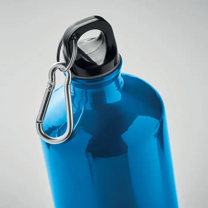Sticla de baut din aluminiu 1l albastru metalizat cu capac negru infiletabil si carabiniera argintie, personalizabilă