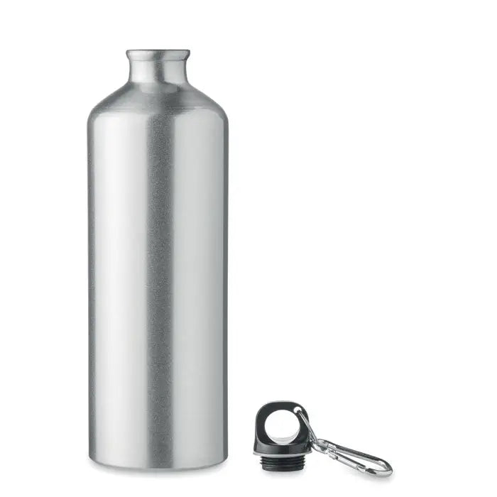 Sticla de baut din aluminiu 1l argintie cu capac negru si carabiniera atasata personalizabila