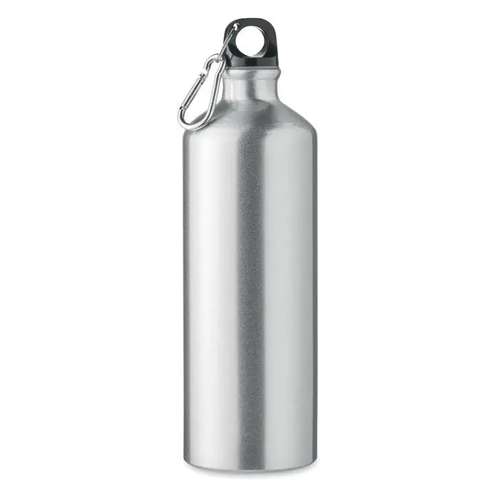 Sticla de baut din aluminiu 1l personalizabil argintiu cu capac negru si carabiniera argintie