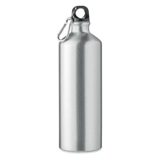 Sticla de baut din aluminiu 1l personalizabil argintiu cu capac negru si carabiniera argintie