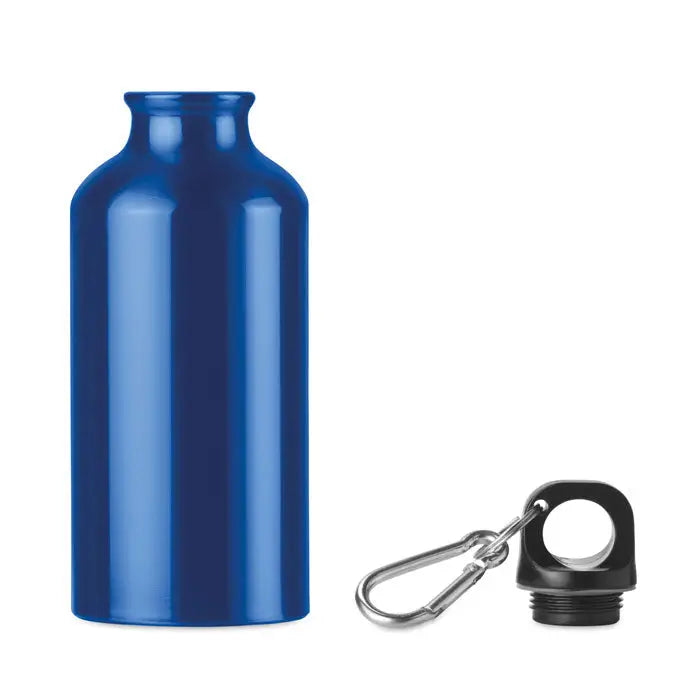 Sticla de baut din aluminiu 400 ml albastru cu capac negru si carabiniera argintie personalizabila