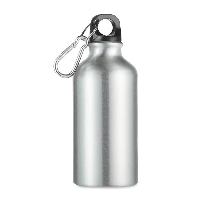 Sticla de baut din aluminiu 400 ml argintie cu capac negru si carabina argintie personalizabila