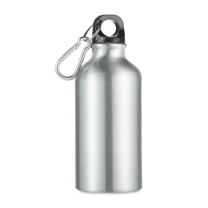 Sticla de baut din aluminiu 400 ml argintie cu capac negru si carabina argintie personalizabila