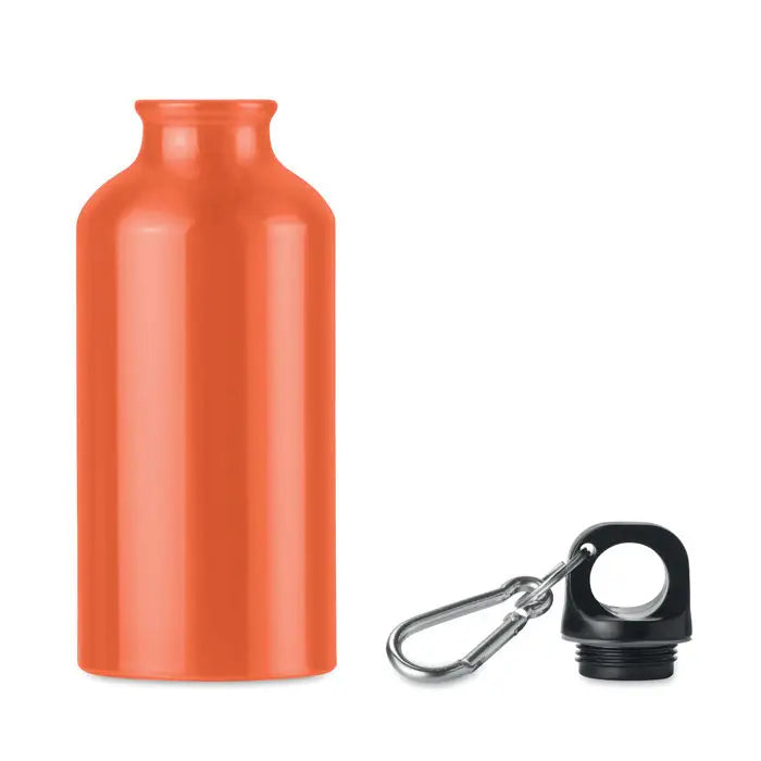 Sticla de baut din aluminiu portocaliu 400 ml cu capac negru infiletabil si carabiniera argintie personalizabila