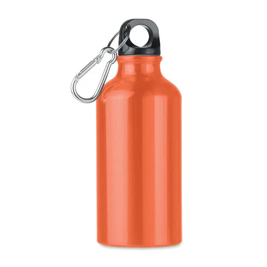 Sticlă de băut din aluminiu portocaliu metalizat de 400 ml cu capac negru și carabinieră argintie personalizabilă
