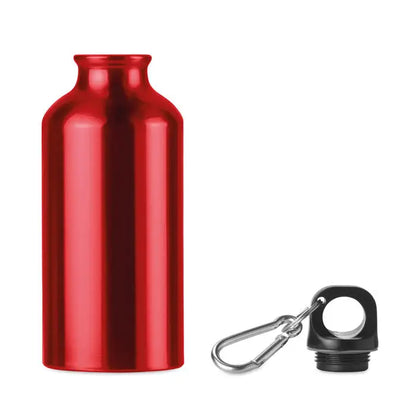 Sticla de baut din aluminiu 400 ml rosu cu capac negru si carabiniera argintie personalizabila