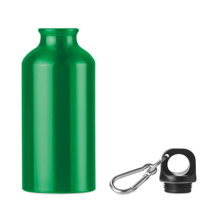 Sticlă de băut din aluminiu verde personalizabilă de 400 ml cu capac negru cu filet și carabinieră argintie