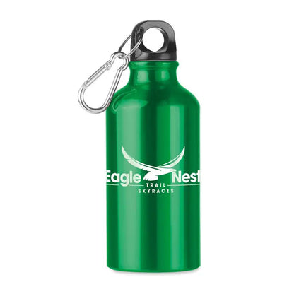 Sticla de baut din aluminiu verde de 400 ml cu capac negru si carabiniera argintie personalizabila eagle nest trail skyraces