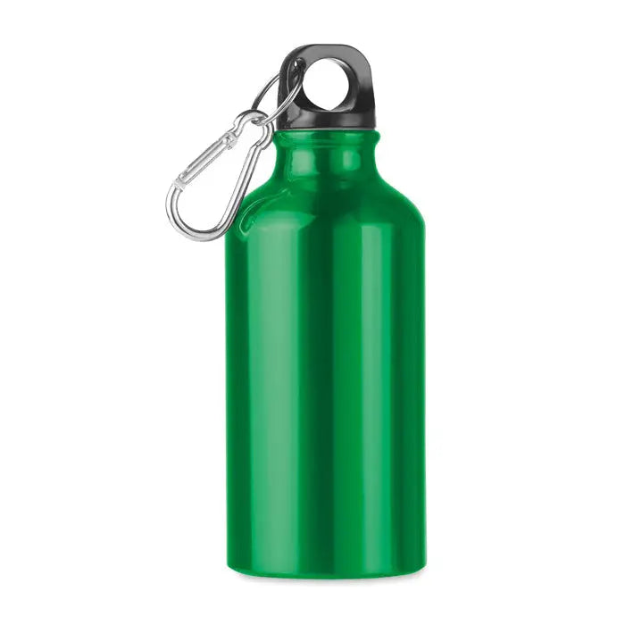 Sticla de baut din aluminiu verde 400 ml cu capac negru si carabiniera argintie personalizabila