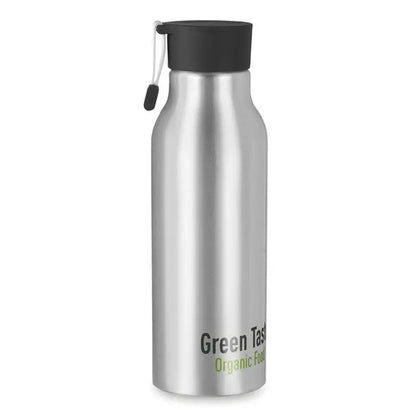 Sticla de baut din aluminiu 500 ml argintie cu capac negru, bretea alba si logo green taste organic food