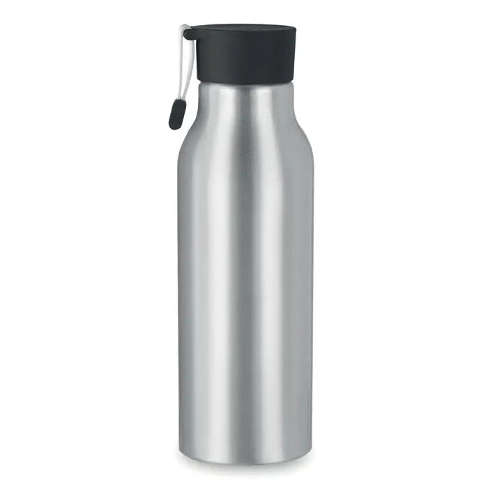 Sticla de baut din aluminiu 500 ml argintie cu capac negru si maner mic negru personalizabila