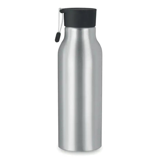 Sticla de baut din aluminiu 500 ml argintie cu capac negru si maner mic negru personalizabila