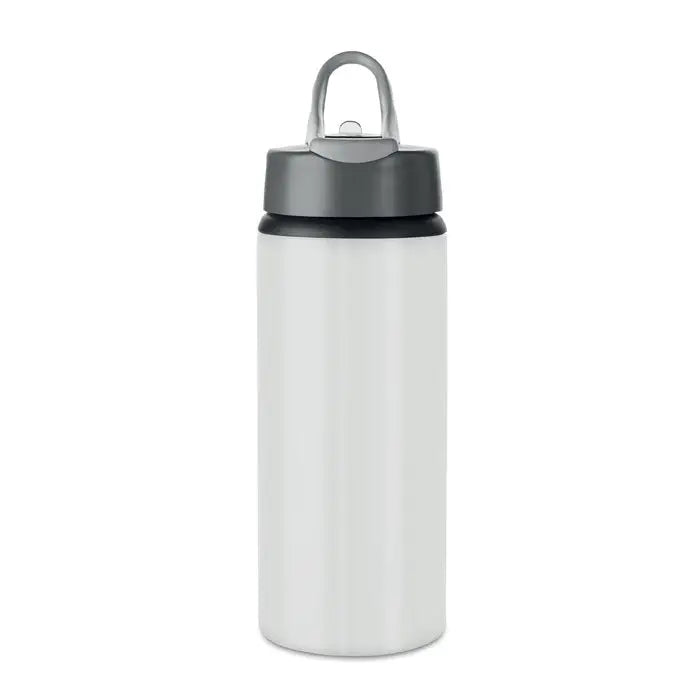 Sticla de baut din aluminiu 600 ml alba personalizabila cu capac gri infiletabil si maner integrat