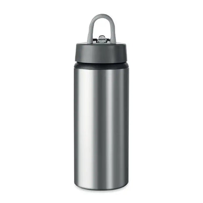 Sticla de baut din aluminiu argintie de 600 ml cu capac gri cu agatatoare si mustiuc pliabil personalizabila