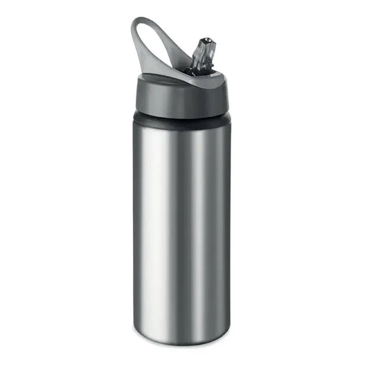 Sticla de baut din aluminiu argintie de 600 ml cu mustiuc pliabil si capac gri cu agatatoare si maner integrat