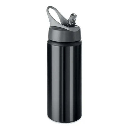 Sticla de baut din aluminiu 600 ml negru cu capac flip-top gri si maner integrat personalizabil