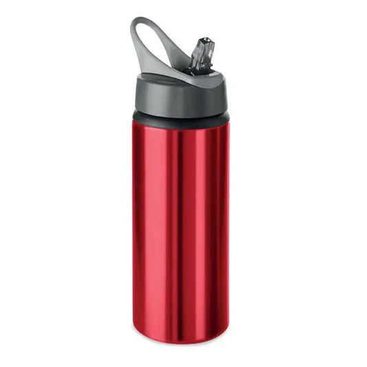 Sticla de baut din aluminiu 600 ml rosu cu capac sport gri si negru si maner integrat pentru personalizare