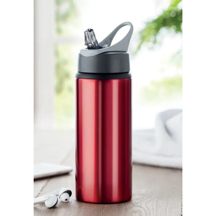 Sticla de baut din aluminiu 600 ml rosu cu capac sportiv gri si negru cu maner integrat personalizabila