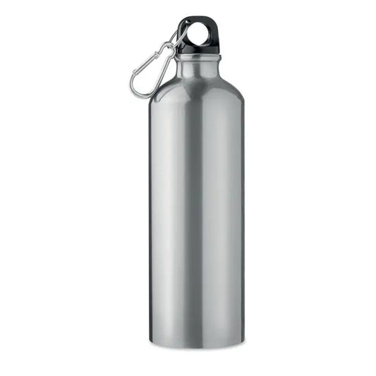 Sticla de baut din aluminiu 750 ml argintie cu capac negru si carabiniera argintie personalizabila
