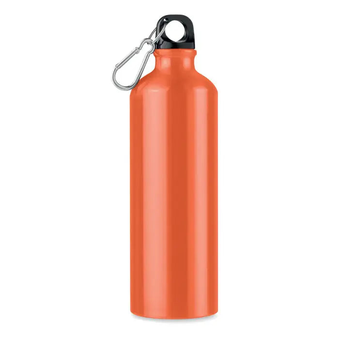 Sticla de baut din aluminiu portocaliu 750 ml cu capac negru si carabiniera argintie personalizabila