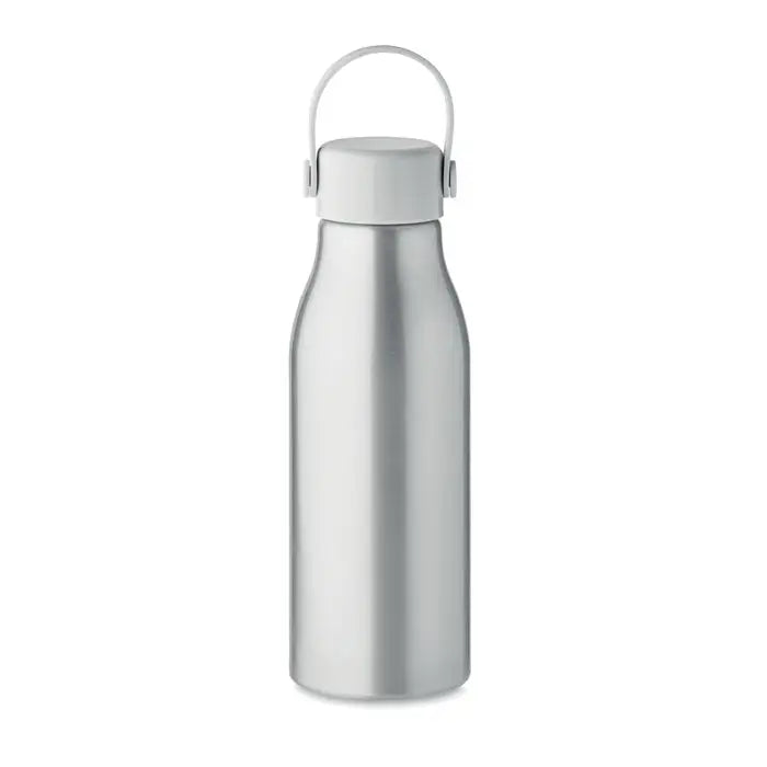 Sticlă de băut din aluminiu argintiu cu capac alb din plastic abs și buclă de prindere integrată 650 ml personalizabilă