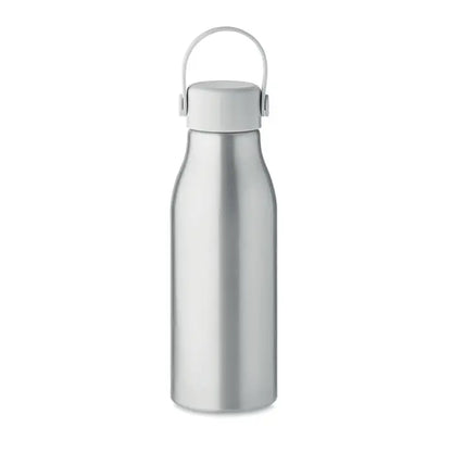 Sticlă de băut din aluminiu argintiu cu capac alb din plastic abs și buclă de prindere integrată 650 ml personalizabilă