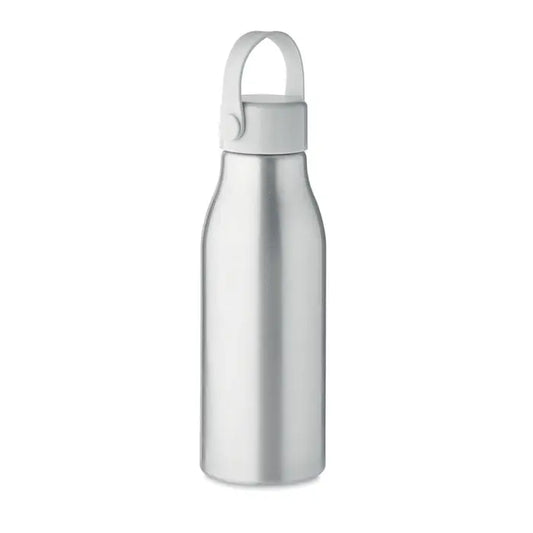 Sticla de baut din aluminiu argintie cu capac si maner alb din plastic abs 650 ml personalizabila
