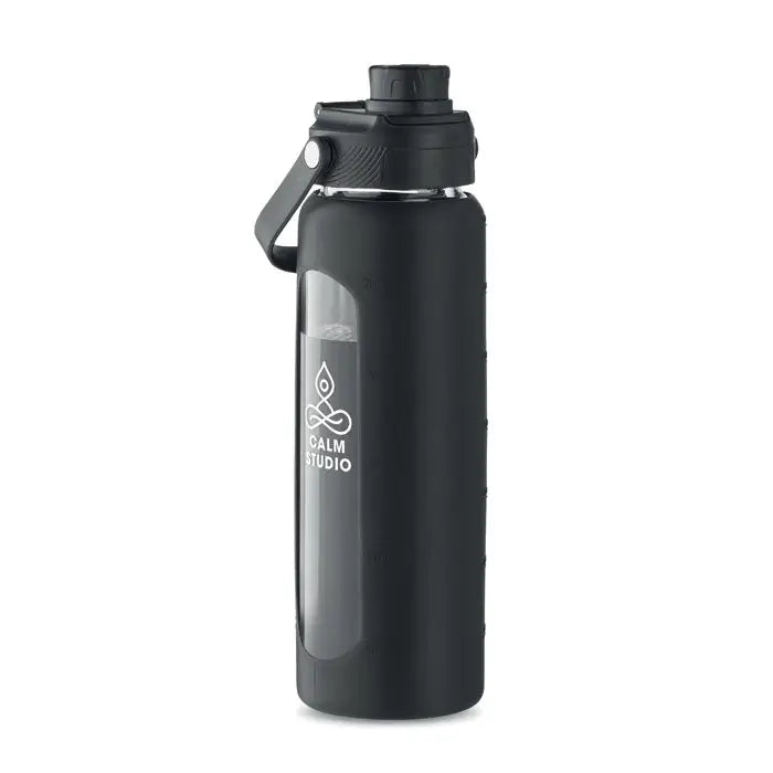 Sticla de sticla cu husa 750 ml culoare neagra cu finisaj mat si fereastra transparenta cu marcaje de masurare