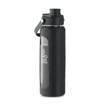 Sticla de sticla cu husa 750 ml culoare neagra cu finisaj mat si fereastra transparenta cu marcaje de masurare