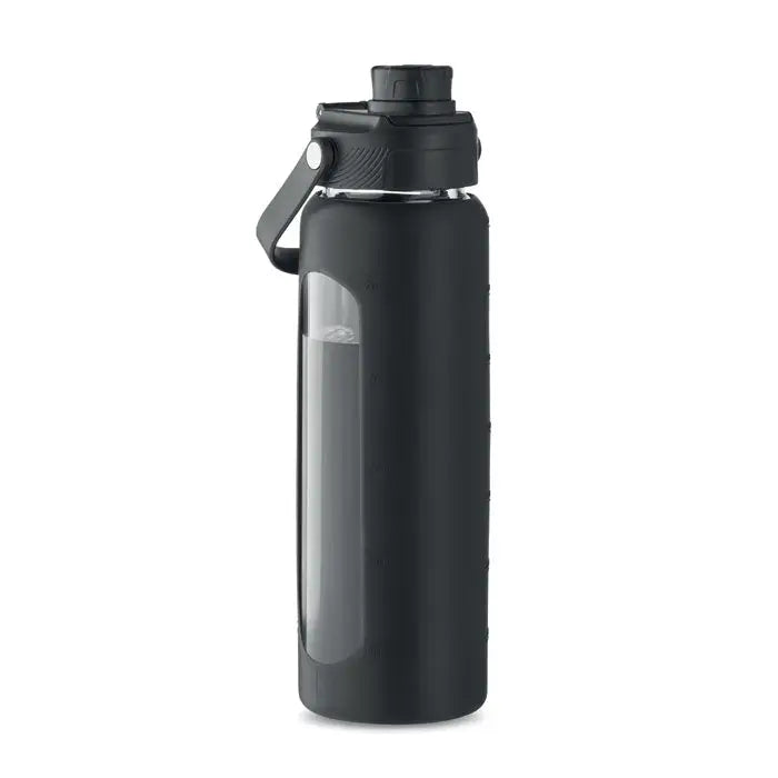 Sticla de sticla cu husa 750 ml neagra, izolata, cu finisaj mat si fereastra transparenta pentru lichid