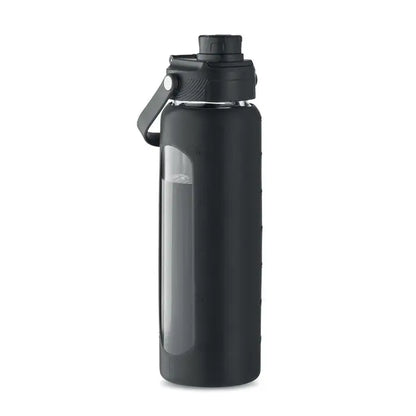 Sticla de sticla cu husa 750 ml neagra, izolata, cu finisaj mat si fereastra transparenta pentru lichid