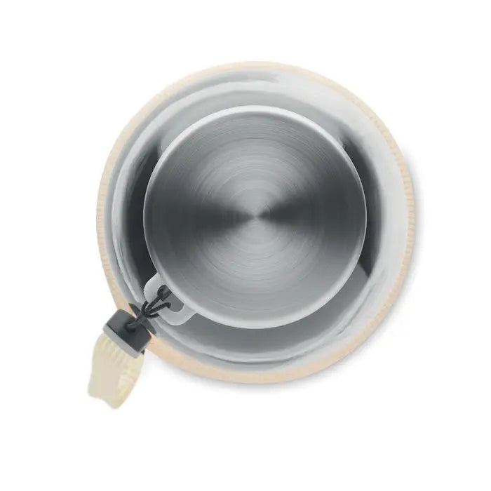 Sticla de sticla în pungă de 500 ml cu măsură din oțel inoxidabil mat și mâner din silicon bej deschis în capac