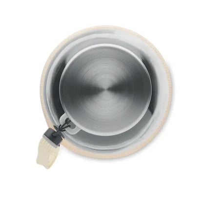 Sticla de sticla în pungă de 500 ml cu măsură din oțel inoxidabil mat și mâner din silicon bej deschis în capac