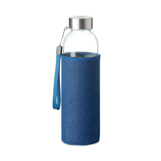 Sticlă de sticlă de 500 ml transparentă cu capac metalic argintiu și husă albastră texturată cu strap