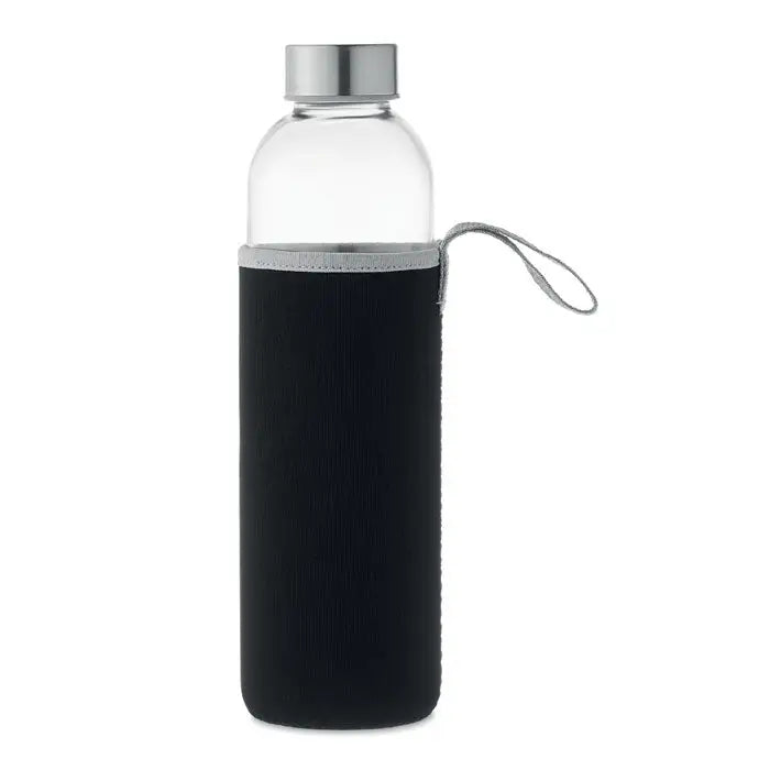 Sticla de sticla 750ml transparenta cu capac metalic argintiu si maner textil gri cu husa de silicon neagra