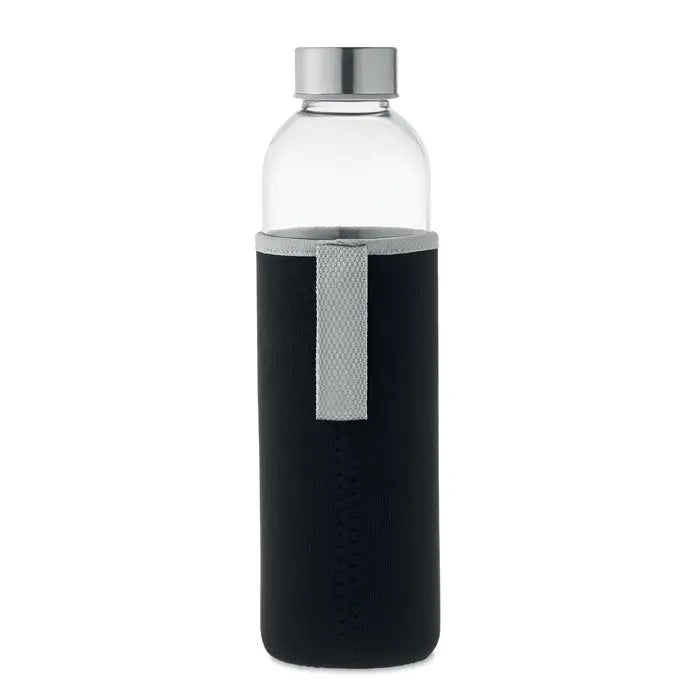 Sticlă de sticlă 750ml cu capac argintiu și husă neopren neagră cu dunga verticală argintie