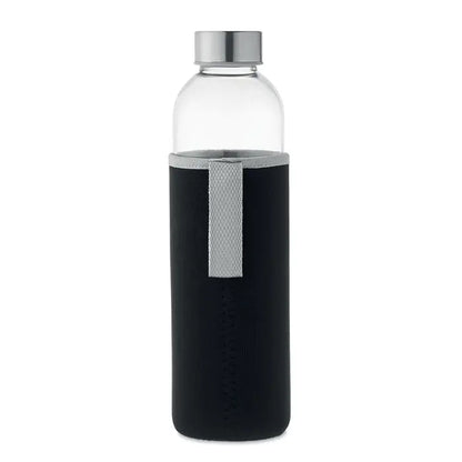 Sticlă de sticlă 750ml cu capac argintiu și husă neopren neagră cu dunga verticală argintie