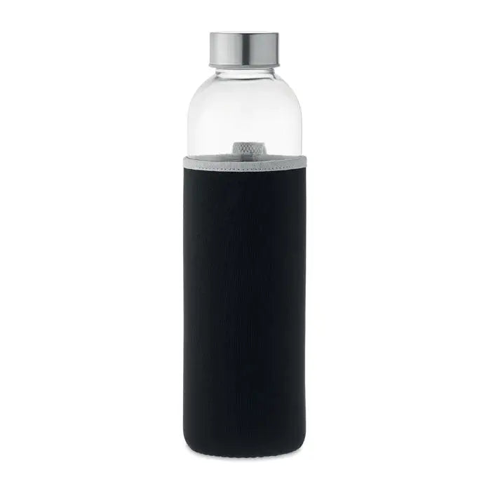 Sticla de sticla 750ml cu capac metalic argintiu si maneca silicon negru pentru apa clara