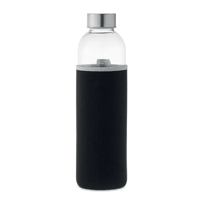 Sticla de sticla 750ml cu capac metalic argintiu si maneca silicon negru pentru apa clara