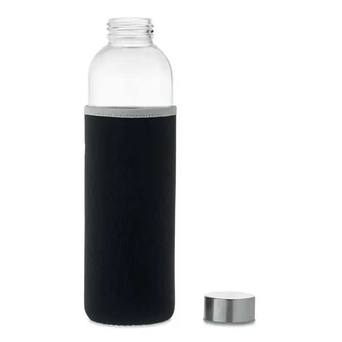 Sticlă de sticlă 750ml cu husă neoprensă neagră și capac metalic argintiu pentru apă clară