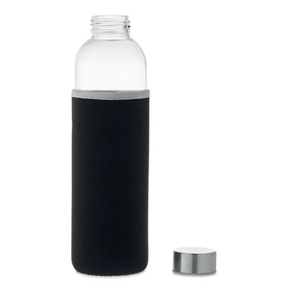 Sticlă de sticlă 750ml cu husă neoprensă neagră și capac metalic argintiu pentru apă clară