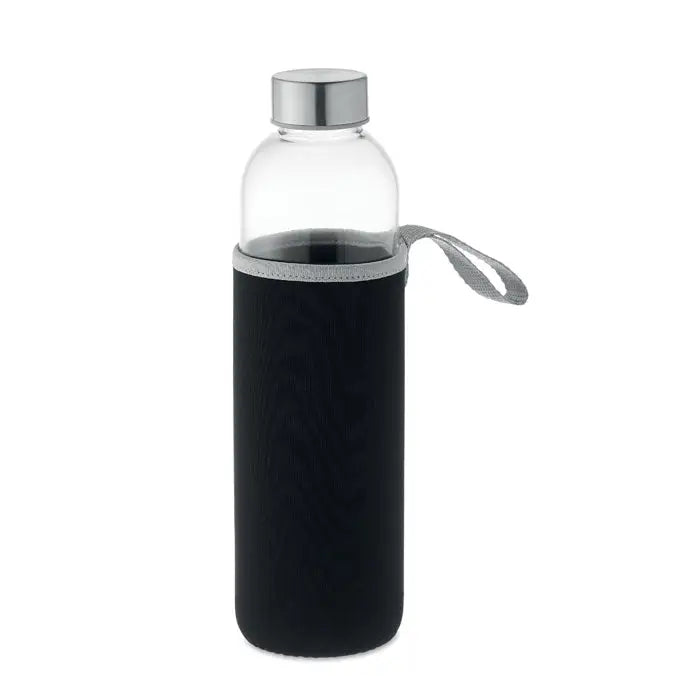 Sticlă de sticlă 750ml transparentă cu capac metalic argintiu și husă neopren neagră cu mâner gri