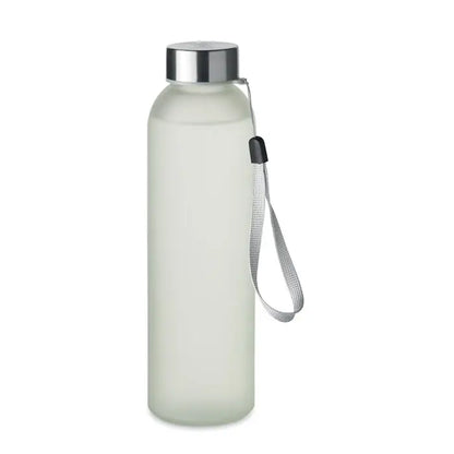 Sticla de sublimare din sticla 500ml cu capac metalic argintiu, sticla translucida mat si curea tesuta gri