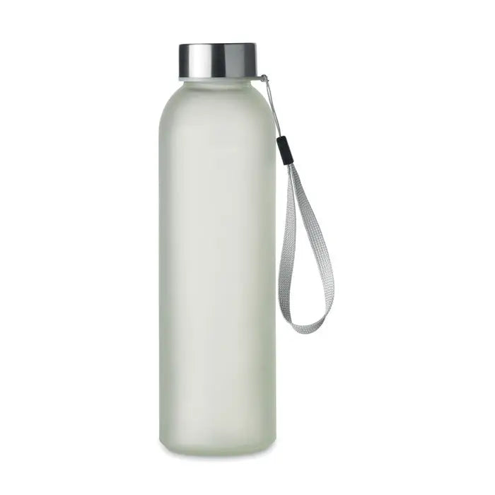 Sticla de sublimare din sticla 500ml cu capac metalic argintiu si curea plasa gri pe sticla mata